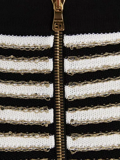Balmain Button-embellished Metallic Striped Knitted Mini Skirt In Black