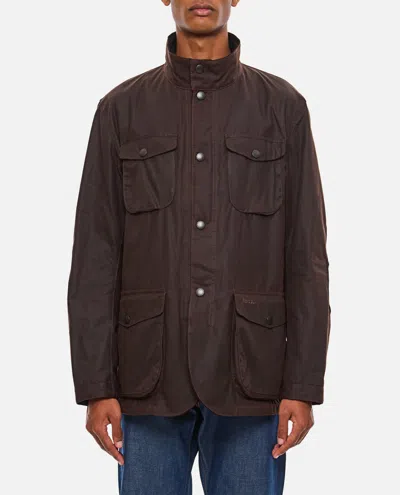 Barbour Waxed Jacket With Elbow Patches And High Neck In Brown
