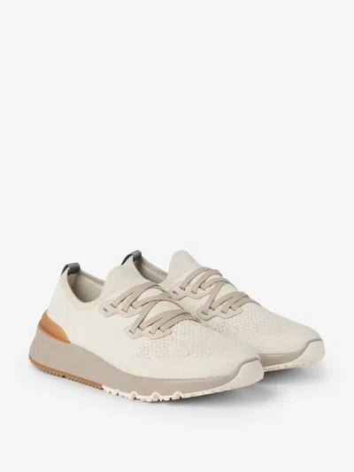 Brunello Cucinelli Cotton Sneakers In Ivory With Front Lace-up Fastening