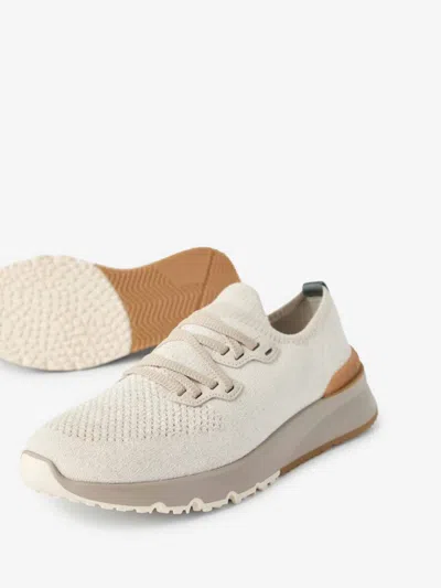 Brunello Cucinelli Cotton Sneakers In Ivory With Front Lace-up Fastening