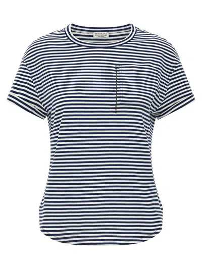 Brunello Cucinelli Striped Cotton T-shirt With Jewel Pocket Detail In Multi
