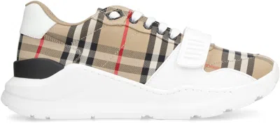 Burberry Beige And White Low Top Sneakers With Vintage Check Print And Rubber Sole In Canvas And Leather Man In Multi