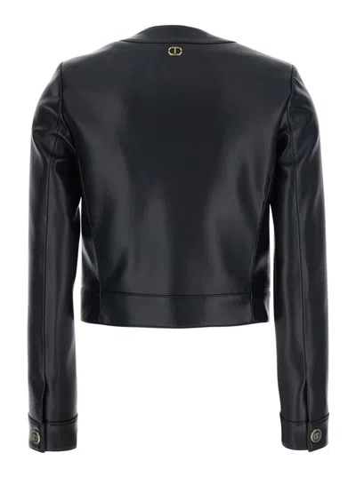 Twinset Black Crewneck Jacket With Logo Buttons In Black