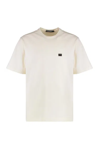 Dolce & Gabbana White T-shirt With Crew Neck And Applied Logo Plate On The Chest In Cotton Man In White