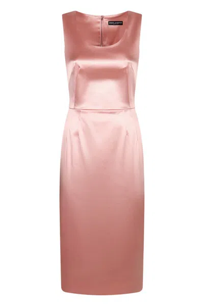 Dolce & Gabbana Silhouette Dress Slit Midi Satin Sleeveless In Neutral