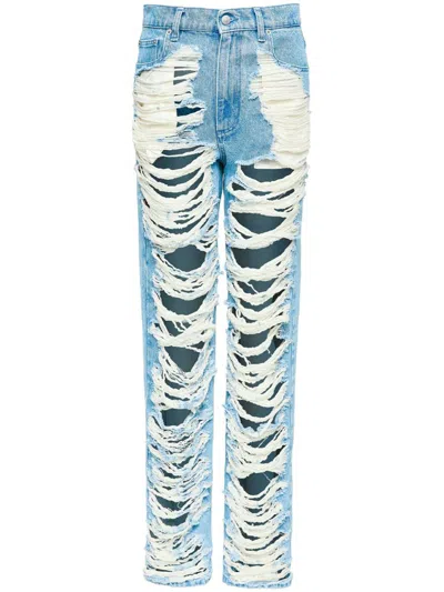 Mm6 Maison Margiela Mm6 By Maison Margiela Distressed Straight Leg Denim Jeans With White Stitching In Blue