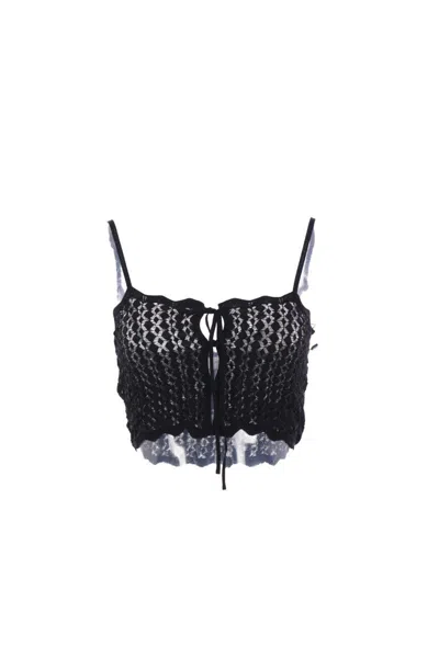 Saint Laurent Knit Crop Top Lace Overlay In Black