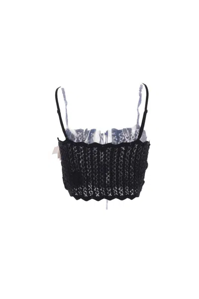 Saint Laurent Knit Crop Top Lace Overlay In Black