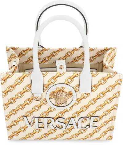 Versace Printed Canvas Small Chain Stripes La Medusa Shopping Bag In Gold