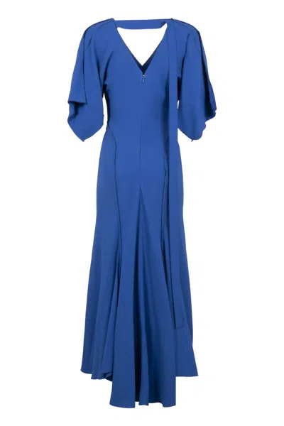 Victoria Beckham Hem Asymmetric Flared Midi V-neck Dress In Blue