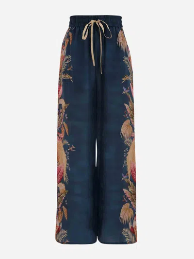 Zimmermann Flowing Floral Print Wide Trousers With Elasticated Waist In Blue