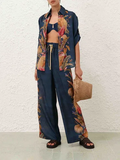 Zimmermann Flowing Floral Print Wide Trousers With Elasticated Waist In Blue