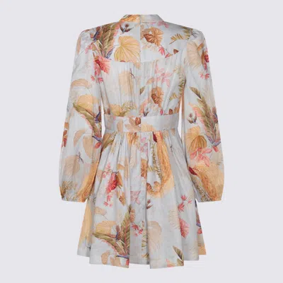 Zimmermann Ascension Light Blue Mini Dress With Flared Skirt And All-over Print In Linen Woman In Gray