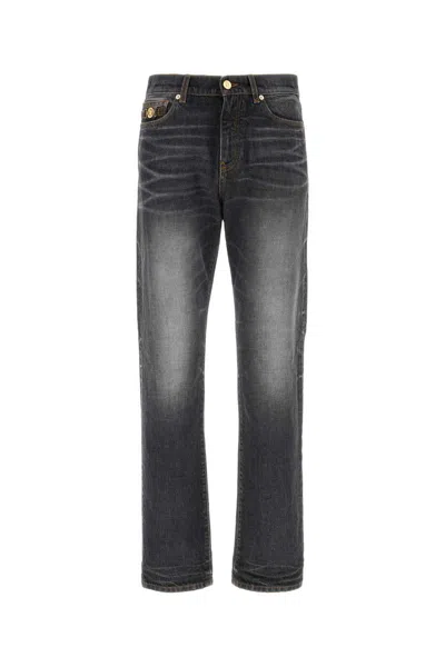 Versace Denim Jeans With Faded Effect And Contrast Stitching In Black