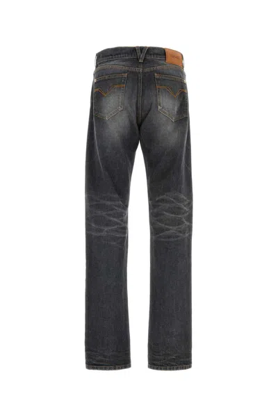 Versace Denim Jeans With Faded Effect And Contrast Stitching In Black