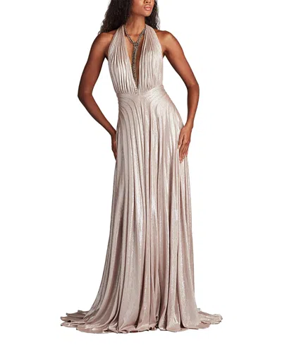 Tadashi Shoji Zarelle Pleated Metallic Halter Gown In Neutral