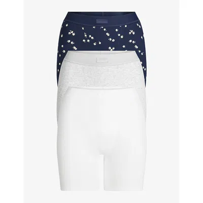 Skims Womens Ribbed High-rise Pack Of Three Cotton-jersey Boxers Navy Daisy Print Xxs