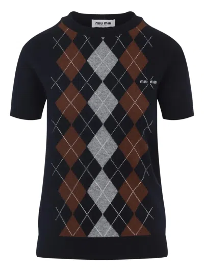 Miu Miu Cashmere Argyle Short-sleeve Sweater In Blue