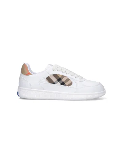 Burberry Men Low-top Leather Sneakers With Check Inserts In White