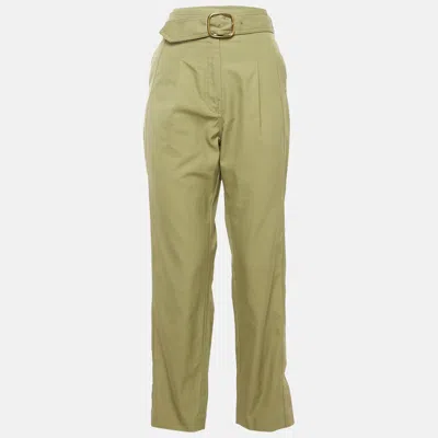 Pre-owned Sandro Sage Green Gabardine Cotton Belted High Rise Trousers M