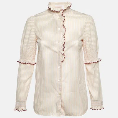 Pre-owned See By Chloé Beige Striped Cotton Ruffled Trim Shirt S