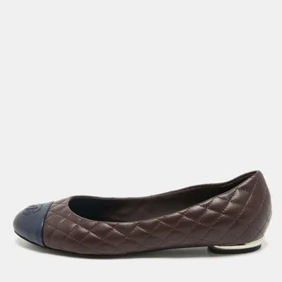 Pre-owned Chanel Blue/burgundy Leather Cc Cap Toe Bow Ballet Flats Size 38.5