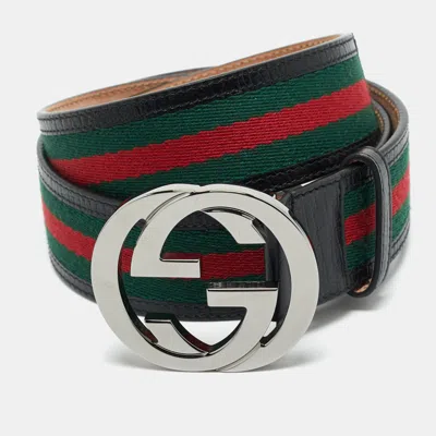 Pre-owned Gucci Black Leather And Web Canvas Interlocking G Buckle Belt 95 Cm