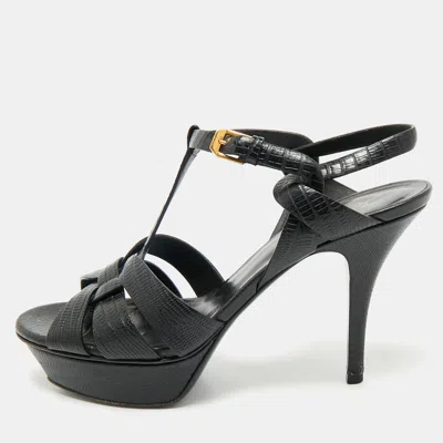 Pre-owned Saint Laurent Black Lizard Embossed Leather Tribute Ankle Strap Sandals Size 39.5