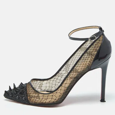 Pre-owned Christian Louboutin Black Lace And Patent Leather Picks And Co Pot Pourri Pumps Size 39