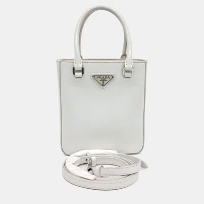 Pre-owned Prada White Leather Small Brushed Tote Bag