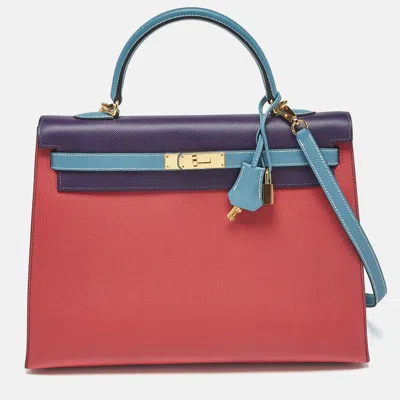 Pre-owned Hermes Bleu Jean/anemone/rose Tyrien Epsom Leather Gold Finish Kelly Sellier 35 Bag In Multi
