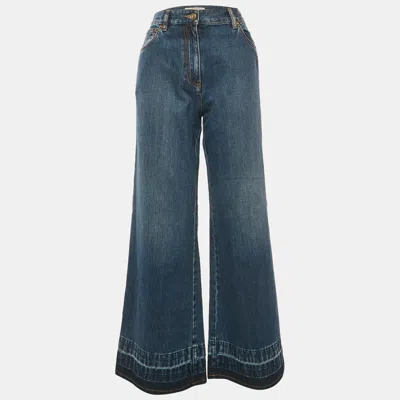 Pre-owned Valentino Blue Denim V Embellished Wide-leg Jeans M Waist 29"
