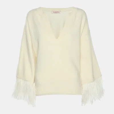 Pre-owned Valentino Cream Wool Blend And Ostrich Feather Pullover M