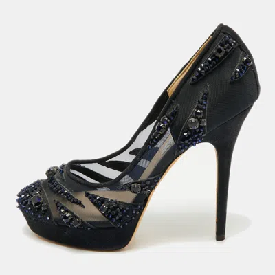 Pre-owned Jimmy Choo Navy Blue Crystal Embellished Suede And Mesh Kershaw Platform Pumps Size 41