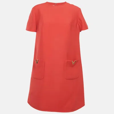 Pre-owned Valentino Red Wool Blend V Metal Detail Shift Dress L