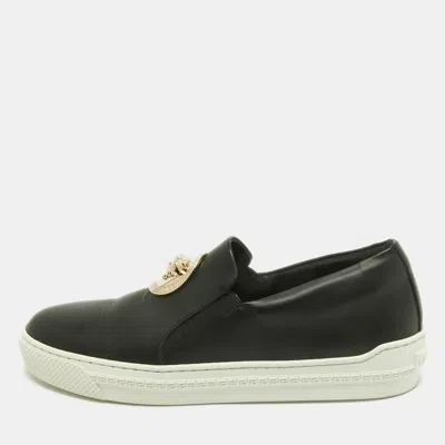 Pre-owned Versace Black Leather Medusa Slip On Sneakers Size 38