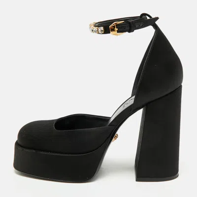 Pre-owned Versace Black Satin Aevitas Crystal Embellished Ankle Strap Platform Pumps Size 37.5