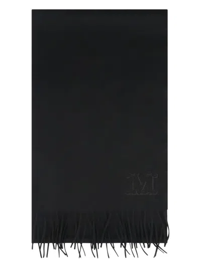 Max Mara Embroidered-logo Fringe Scarf In Black