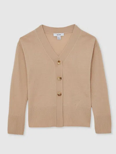 Reiss Neutral 9-13 Yrs Wool-blend Fitted Cardigan With Cashmere In Neutral