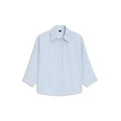 Hugo Boss Relaxed-fit Blouse In Striped Cotton Poplin In Blue