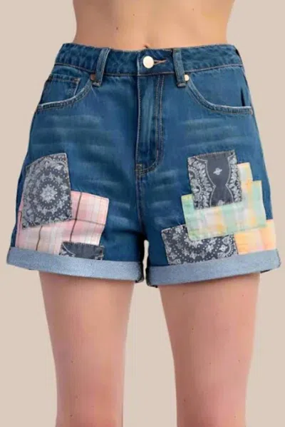 Easel Patchwork Detailed Denim Shorts In Medium Wash In Blue