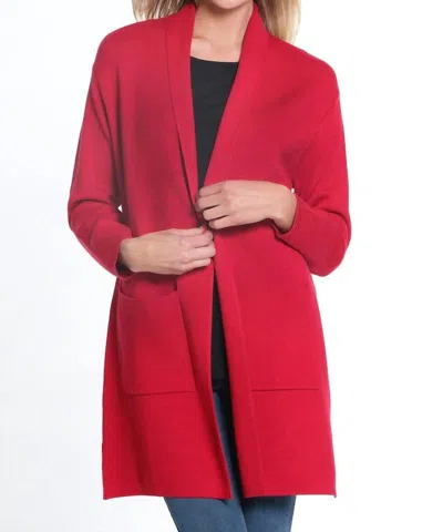Multiples 3/4 Sleeve Drop Shoulder Shawl Collar Open Front Cardigan In Vivid Red In Red