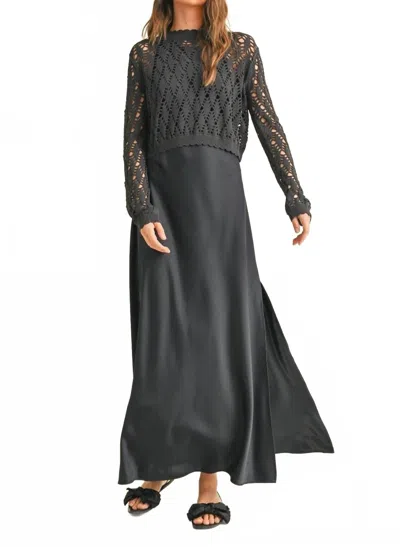 Miou Muse Simone Satin Slip Dress With Crochet Knitted Top In Navy