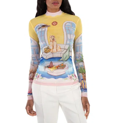 Casablanca Apartment Interior Stretch Mesh Mock Neck Top In Multi