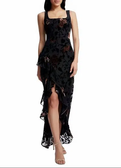 Dress The Population Charlene Mixed Velvet Square Neck Ruffle Gown In Black In Black