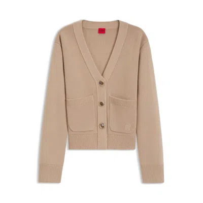 Hugo Boss Wool-blend Cardigan With Embroidered Logo In Brown