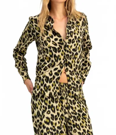 Sprwmn Fitted Button Up Shirt In Green Leopard In Animal Print
