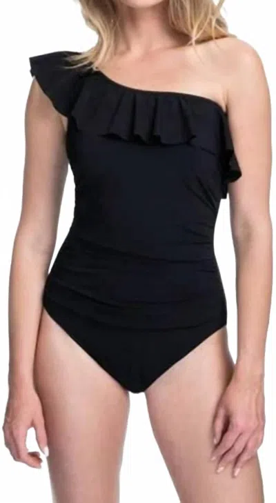 Profile By Gottex Tutti Frutti Ruffle One Shoulder Swimsuit In Black In Black