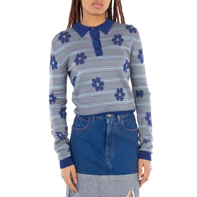 Marni Striped Flowers Polo Shirts In Blue