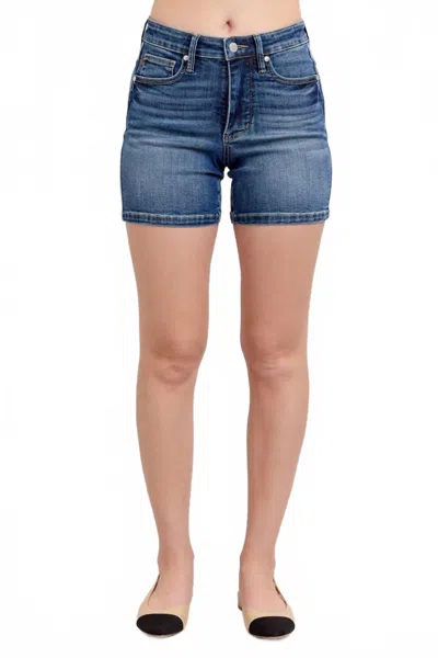 Judy Blue Mid Rise Tummy Control Mid Length Shorts In Denim In Blue